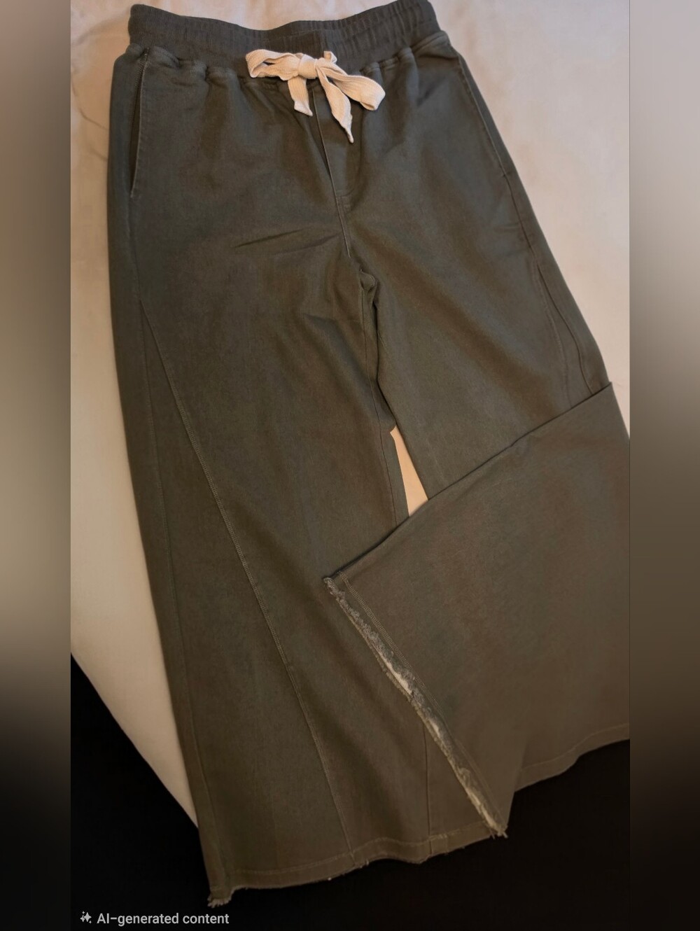 Women's Dark Olive Drawstring Cropped Pants With Frayed Hem By Things Between.